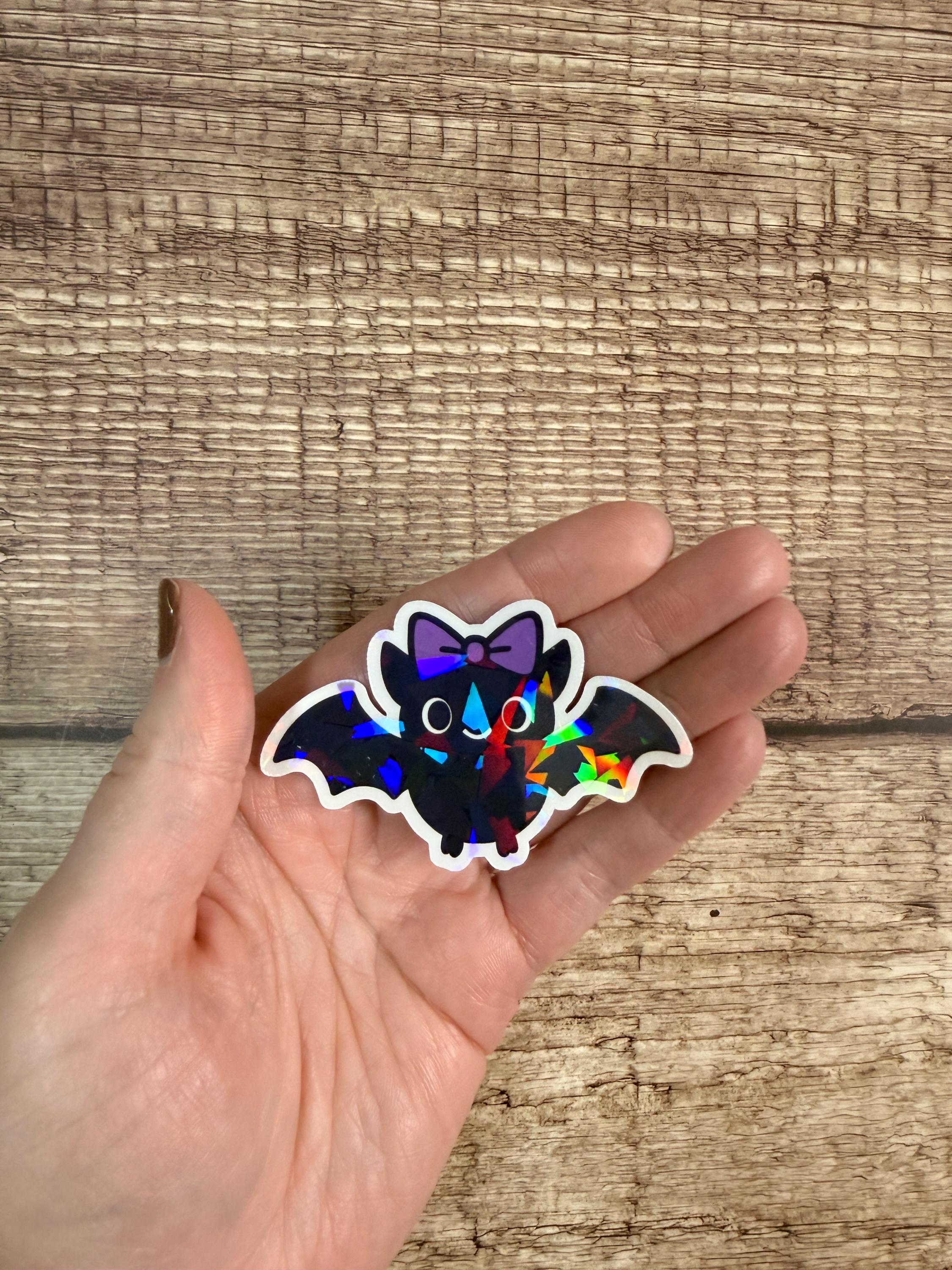 Holographic Halloween Waterproof Sticker – Cute Bat with Bow Vinyl Decal Gift