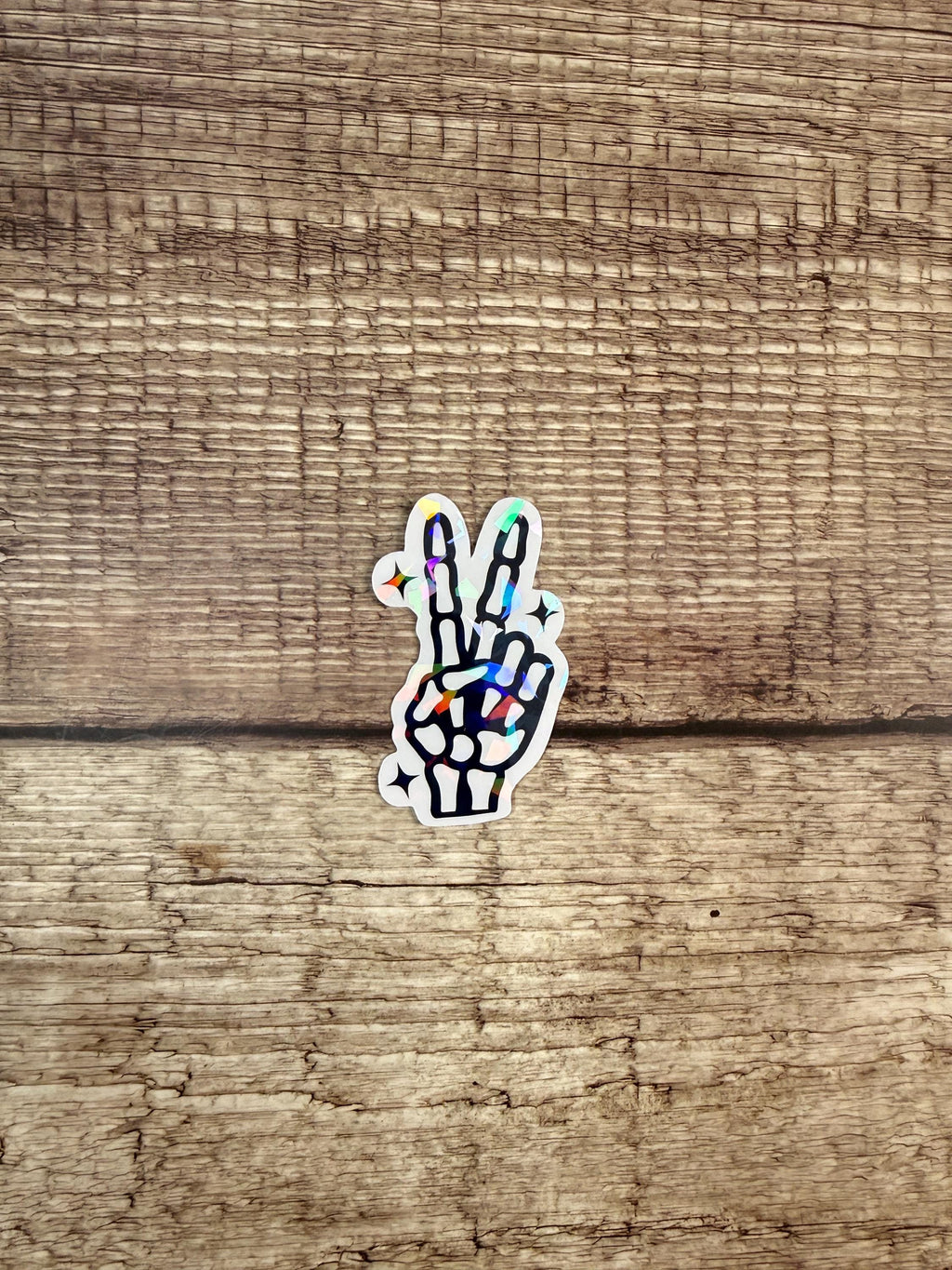 Holographic Halloween Waterproof Sticker – Skeleton Peace Sign Vinyl Decal Gift