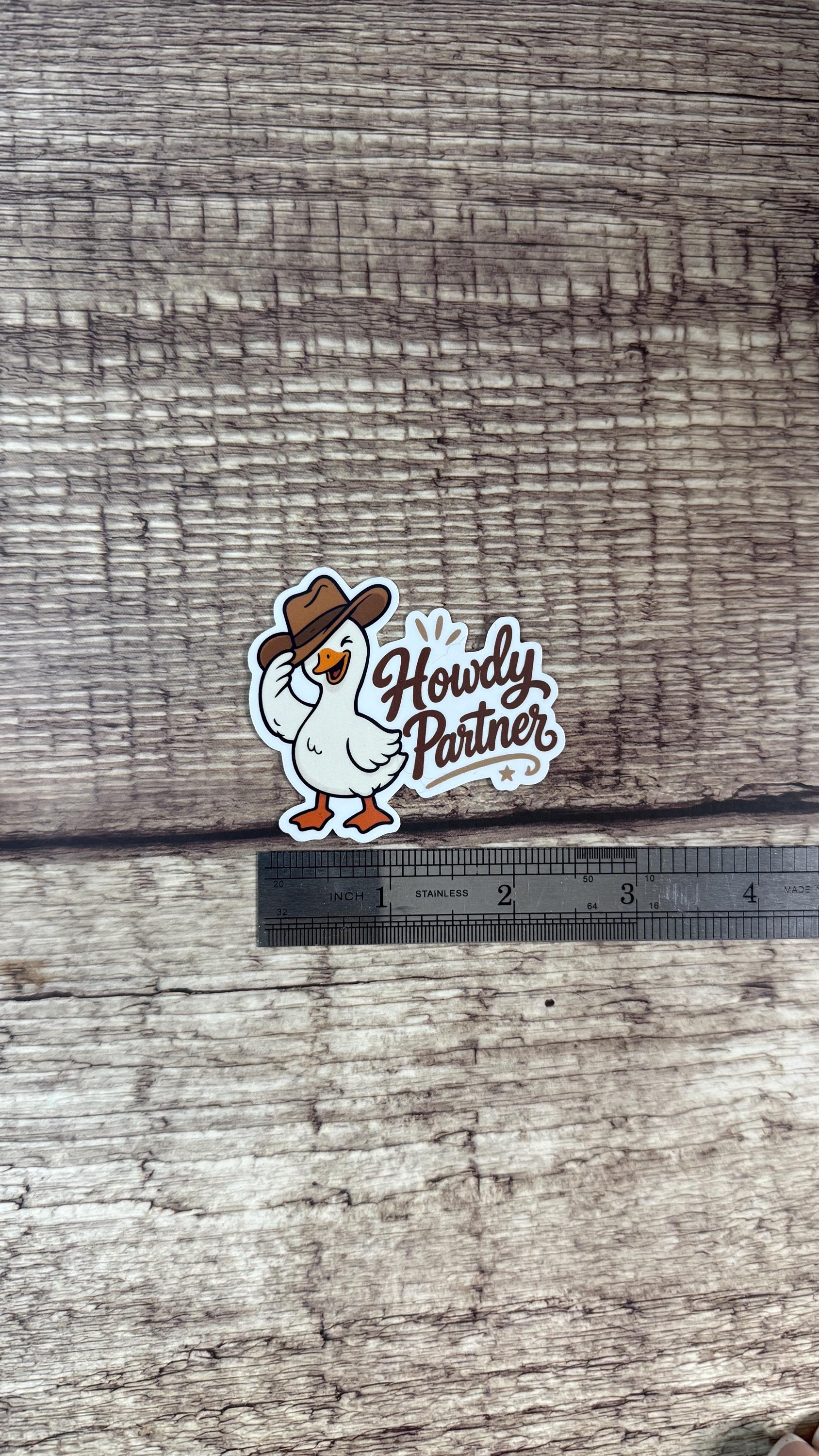 Howdy Partner Sticker, Cute Cowboy Duck Country Western Vinyl Decal, Funny Yeehaw Gift for Laptop or Water Bottle